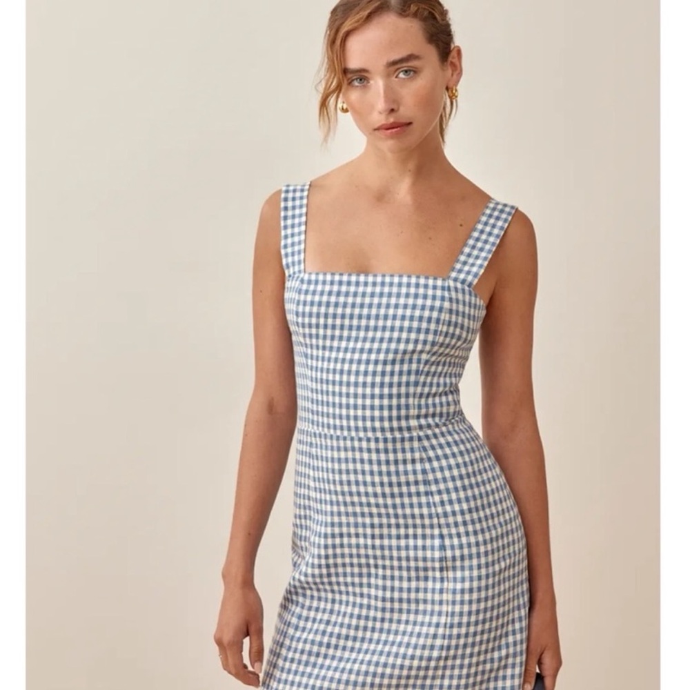Reformation Brigitte Linen Dress in Azure Check